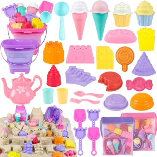 REZUCREY Collapsible Beach Toys for Toddlers Sand Bucket and Shovels Set Ice Cream Tea Set Travel Sand Toys for Beach Mesh Bag Castle Essentials Toy for Toddlers Kids Boys Girls Age 310