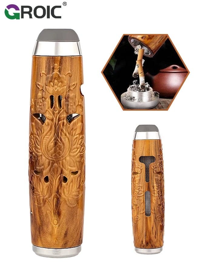 Car Ashtray, Mini Carved Wood Portable Ashtray, New Coffee Color Engraved Travel Ashtray with Lid, Durable Windproof Pocket Ashtray, Elegant Smoking Accessory, Outdoor Home Office Ashtray, Brown