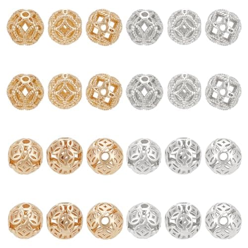 PH PandaHall 32pcs Hollow Out Spacer Beads 2 Styles Round Beads GoldenSilver Brass Woven Ball Beads Tibetan Style Loose Beads for DIY Bracelet Necklace Earrings Jewelry Making