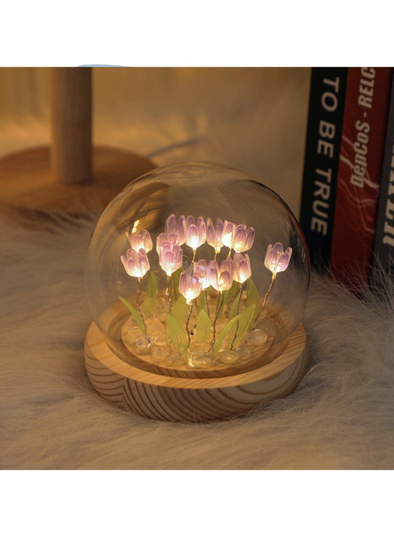 Assembled Tulip Lamp Night Light with Glass Dome, Cool Handmade Artificial Flower Table Lamp Bedroom Desk Decoration Suitable for Women Girlfriend Sister Bestie Birthday Gift Unique (13 Purple Tulips)