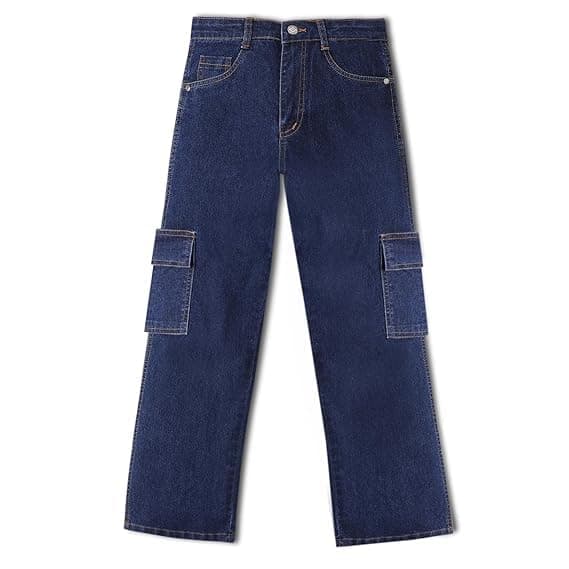 Urbano Juniors Boy's Blue Loose Baggy Fit Washed Denim Cargo Jeans with 6 Pockets Stretchable (junjeanlscargoboy-mblue-5-6)