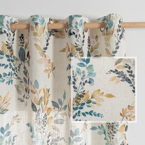 MYSKY HOME Bedroom Linen Look Semi Sheer Floral Curtains 63 inch Length 2 Panels for Kitchen Small Window Kids Room Decor Leaves Pattern Light Soften Privacy Drapes, Yellow and Blue, 2Pcs