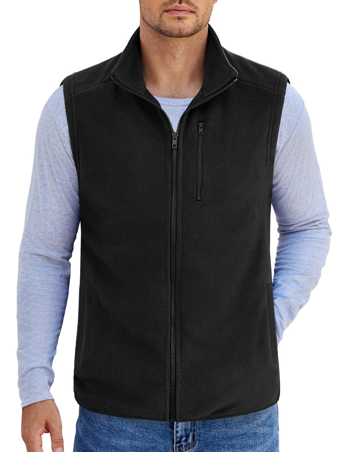 COOFANDY Men's Polar Fleece Vest Outerwear with Zipper Pockets Lightweight Winter Sleeveless Vest, Black, Large