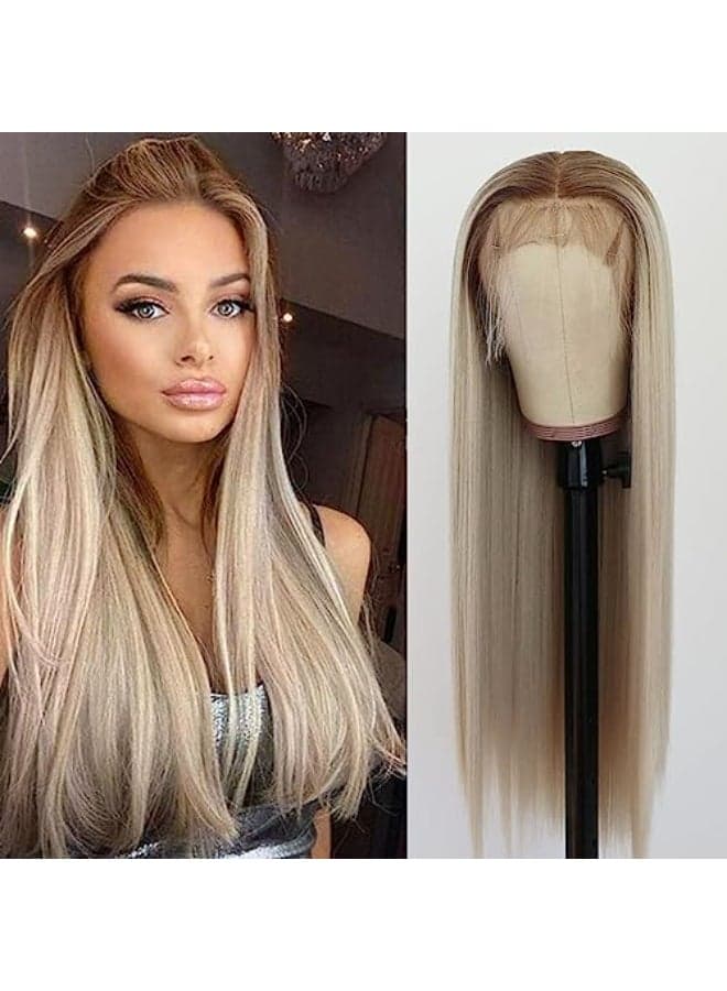 TaBeWay Ombre Blonde Synthetic Lace Front Wig Long Straight Glueless with Baby Hair Heat Resistant Free Part Blonde Lace Front Wig Yaki for Women