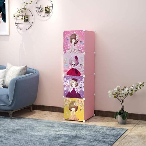 KRISHYAM Plastic Modular Portable Closet - Space-Saving Hanging Wardrobe Organizer with Kitty Print for Clothes, Books, Toys, and Towels (Barbie), Animal, Multicolor
