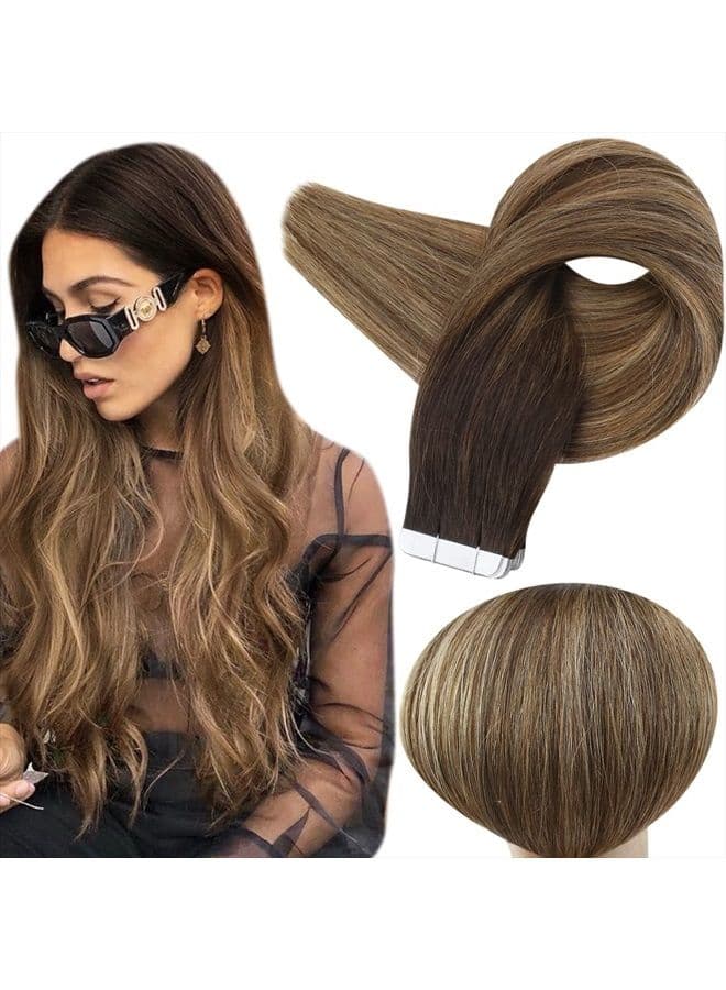Tape in Hair Brown Human Hair Extensions Tape in 20 Pcs Rooted Tape in Hair Extensions Human Hair 16 Inch Ombre Tape Hair Dark Brown To Strawberry Blonde Mixed Brown 2/3/27 50 Gram