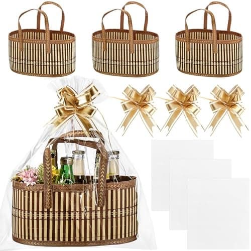 Reallnaive Baskets for Gifts Empty Sturdy Woven Bamboo Gift Basket with Gift Bags and Ribbons for Christmas Thanksgiving Birthday Mothers Day Housewarming Party Gift Wrapping, 12"x 8"x 6"(3 Set)