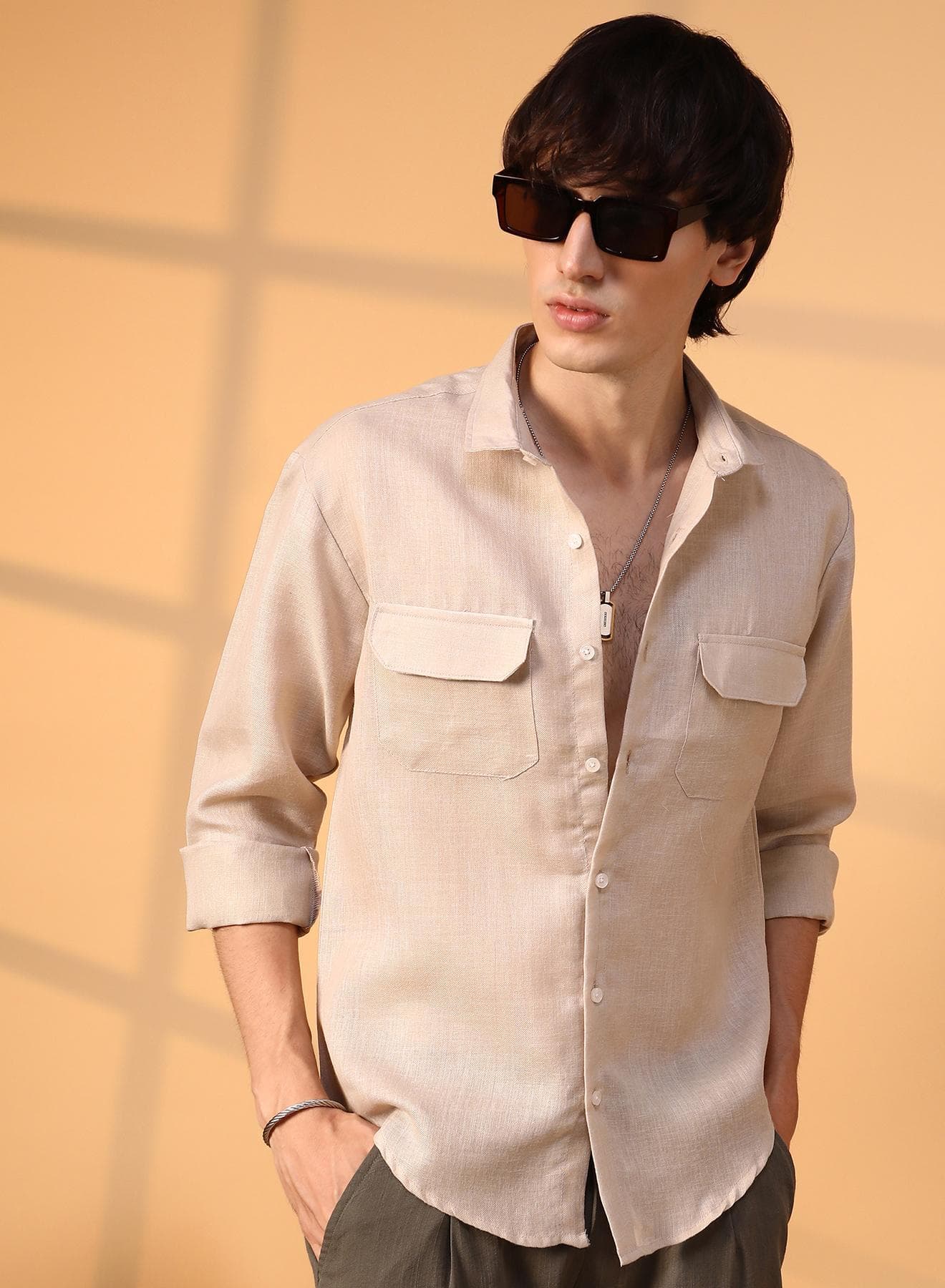 Men's Khaki Beige Solid Utility Shirt