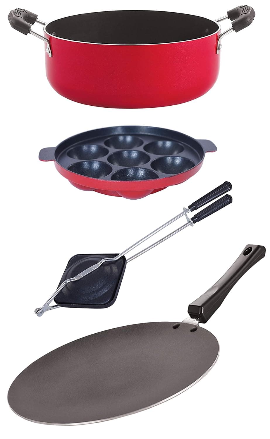 Nirlon Non Stick Kitchenware Cooking Utencil Combo 4 Pieces Set (Red & Black) (Concave Tawa 28.5cm + Appam 7 Cavity + Hand Toster + Casserole 3.1 LTR) (CT12_AP7_HT_CS24)