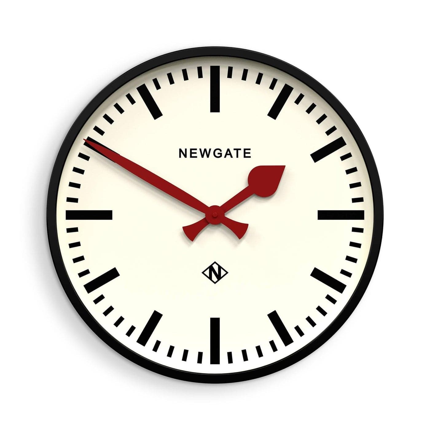 NEWGATE Putney wall clock Large retro inspired modern station clock 45cm Deep gloss black metal case with red hands Industrial mid century style for kitchen living room or office