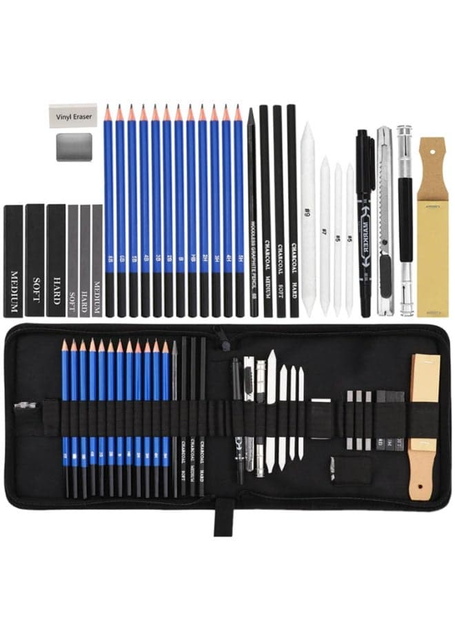 32-Piece Drawing Set – Premium Sketch Pencils Kit with Charcoal Sticks, Blending Stumps, Kneaded Eraser & Zippered Case – Complete Art Supplies for Beginners & Professionals