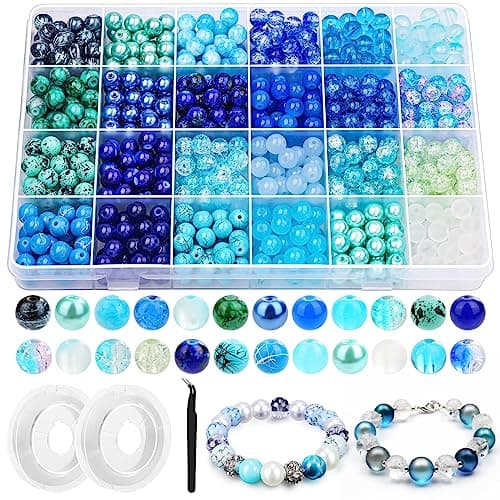 720pcs Glass Beads for Jewelry Making 8mm, 24 Colors Bead Bracelet Making Kit Blue Round Loose Beads for Bracelet Earring Necklace Jewelry Making Supplies