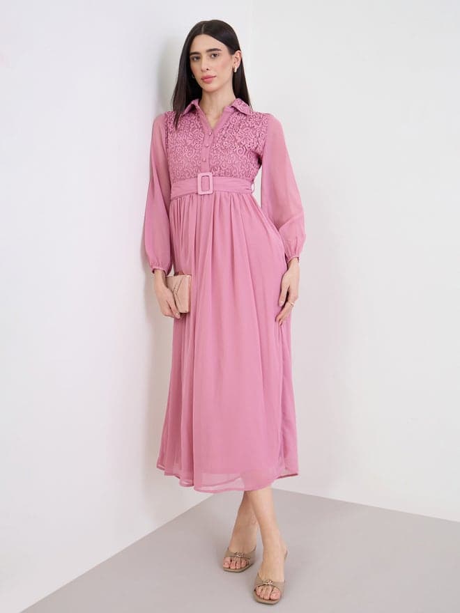 Pink Lace Yoke Belted Maxi Dress