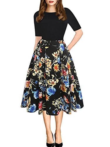 oxiuly Women's Vintage Patchwork Pockets Puffy Swing Casual Party Dress OX165 (Black Floral, x_l)