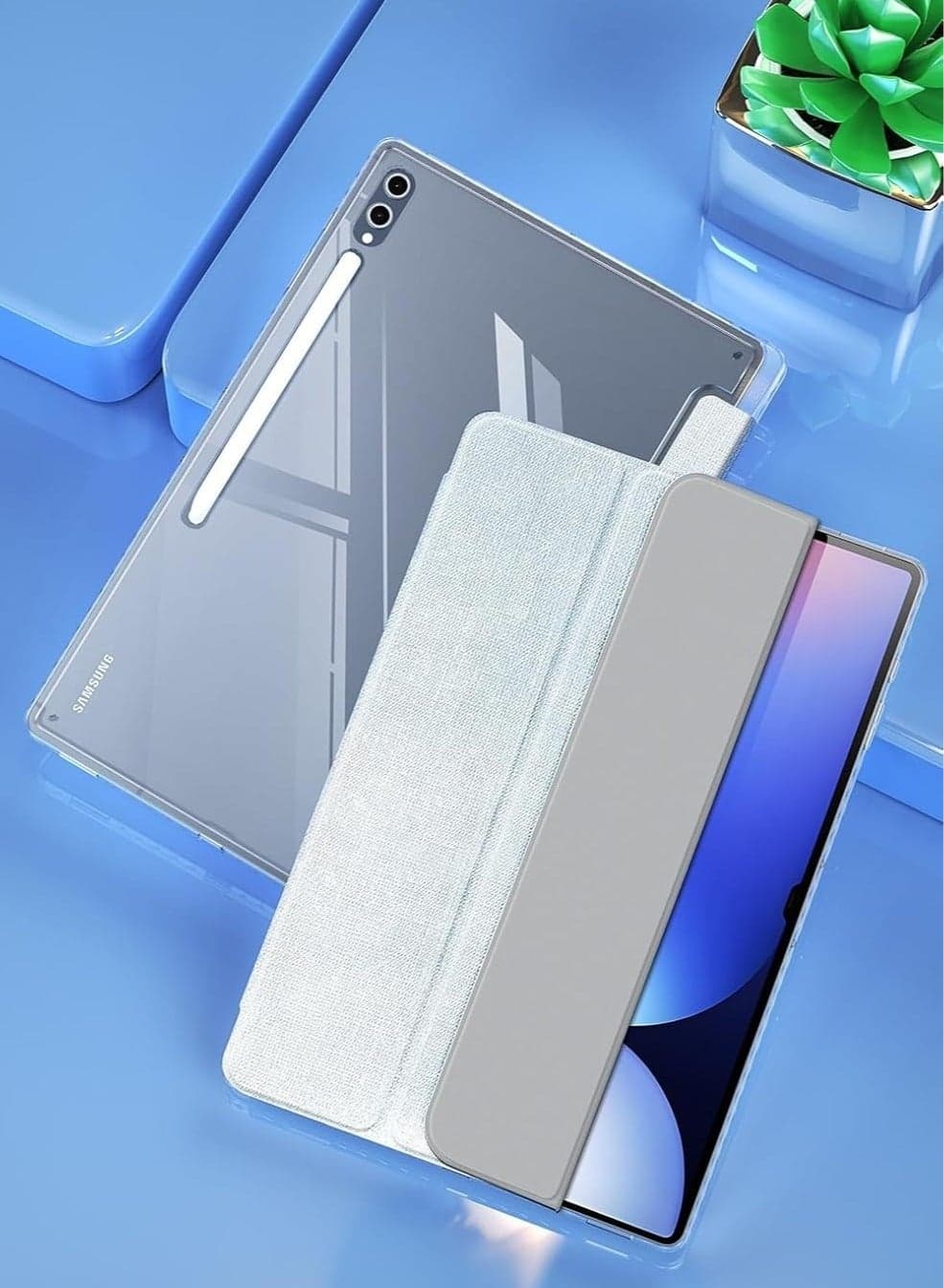 Leather Transparent Back Cover Compatible with Samsung Galaxy Tab S10 Ultra 14.6 inch 2024 Shockproof Pen Slot Trifold Stand Protect Cover For Tab S10 Ultra