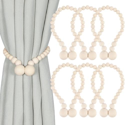 KLOGTSIND Magnetic Curtain Tiebacks, Curtain Tie Backs for Curtains 6 Pack, Wood Bead Curtain Tiebacks, Curtain Holders for Boho Bedroom Decor, Baby Nursery Decor, Farmhouse Decor