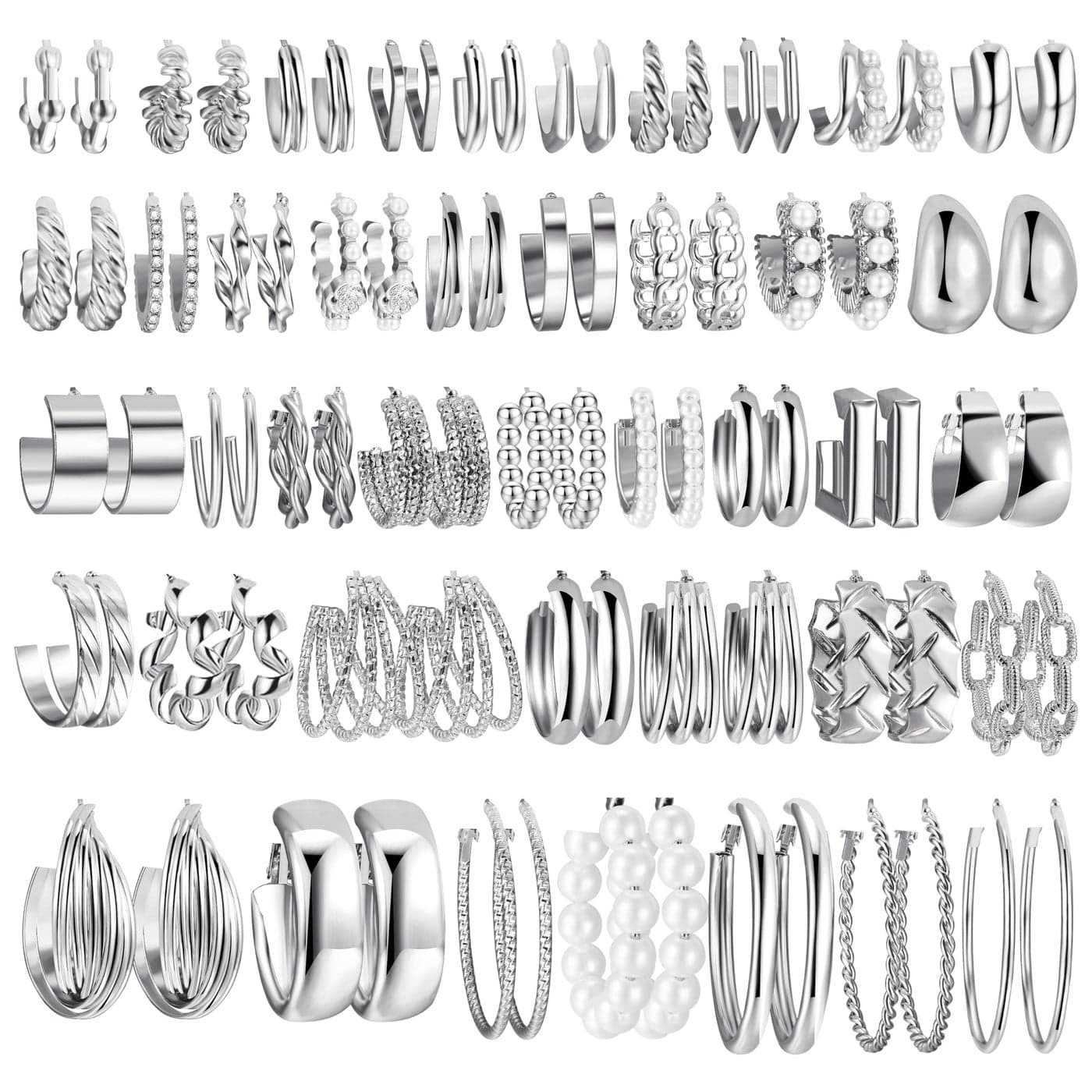 42 Pairs silver Hoop Earrings Set for Women, Fashion Chunky Pearl Earrings Multipack Twisted Statement Earring Pack, Hypoallergenic Small Big Hoops Earrings for Birthday Party (Sliver-42 pairs)