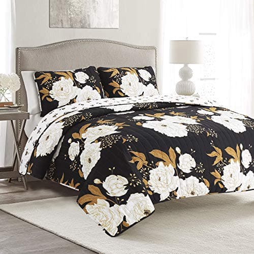Lush Decor Zinnia Floral 3 Piece Quilt Set, King, Black/Gold
