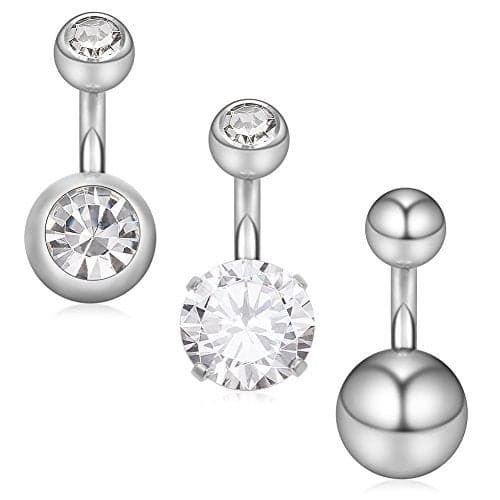 Ruifan 3PCS 14G 6mm 1/4 Inch 316L Surgical Steel Clear CZ Short Belly Earring Navel Button Rings Set - Silver