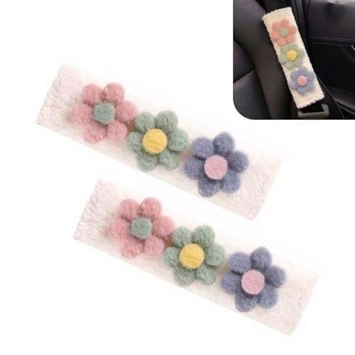 Bawkars 2 PCS Car Seat Belt Cover Pads, Cute Flower Safety Seatbelt Covers Cushion, 9.4" x 2.5" Soft Plush Shoulder Strap Protector, Universal Seat Belt Cover for Adults and Kids (Purple)