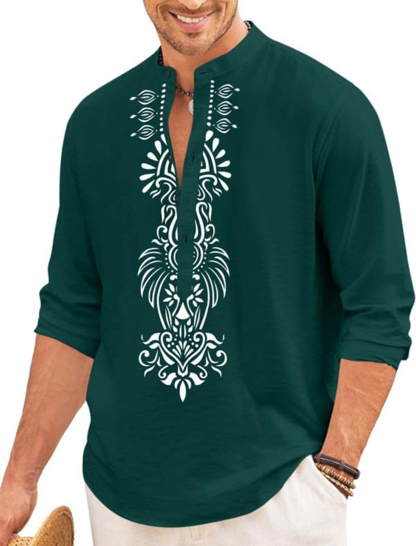 FINIVO FASHION Men’s Cotton Blend Short Kurta with Bold Printed Front Design | Full Sleeve Ethnic Casual Kurta with Mandarin Collar | Artistic Festival & Travel Wear for Modern Ethnic Style Green