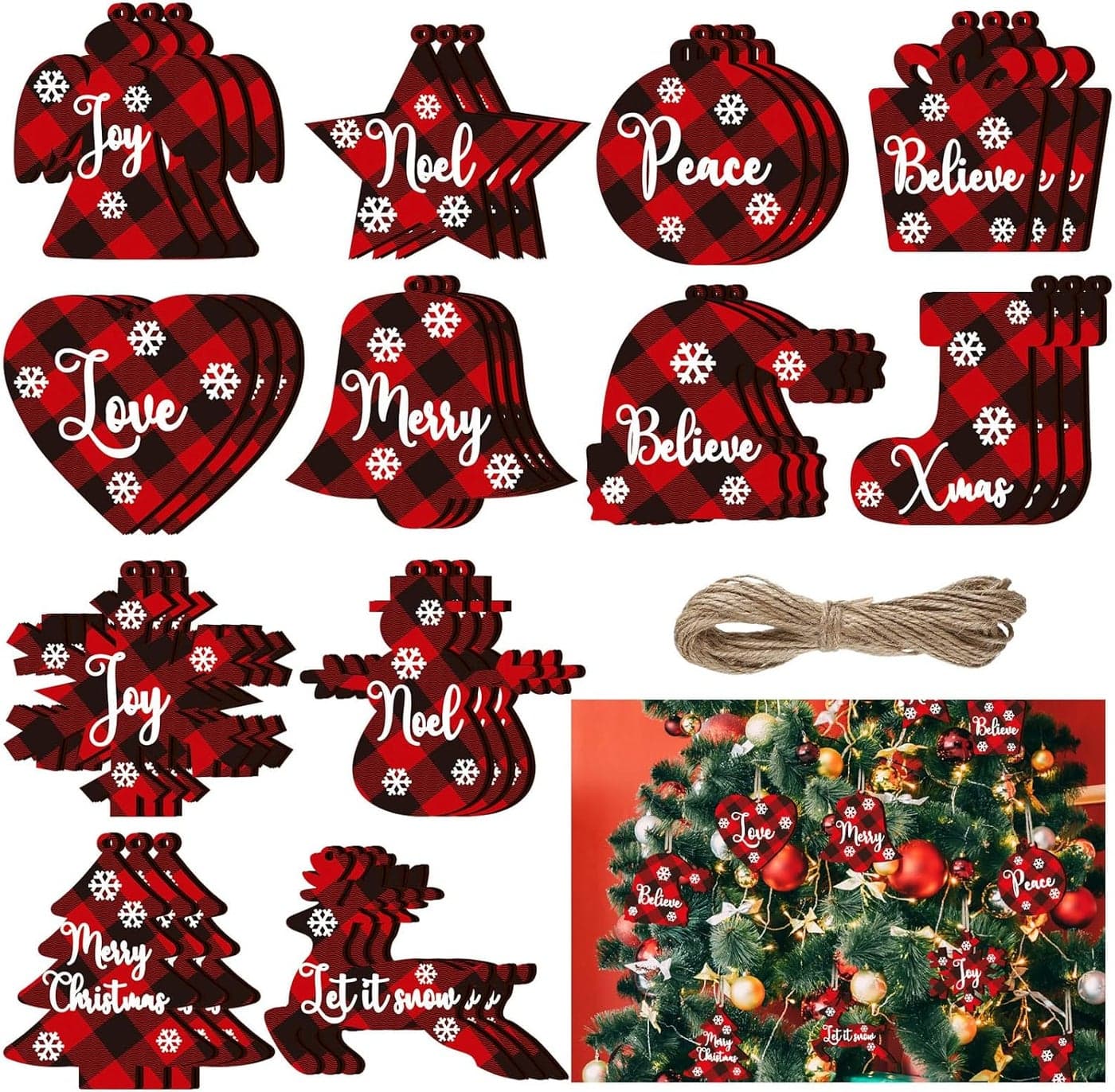 36 Pieces Christmas Buffalo Plaid Ornaments Christmas Tree Wooden Hanging Decor Black and Red Wooden Christmas Ornaments Reindeer Snowman Plaid Christmas Tree DecorationsMultiple Style