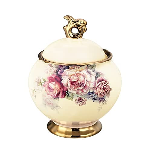 fanquare Vintage Porcelain Sugar Bowl with Lid, 12 Ounce Large Ceramic Sugar Jar with Lid, Floral Porcelain Coffee Creamer Sugar Holder for Kitchen Countertop, Coffee Bar