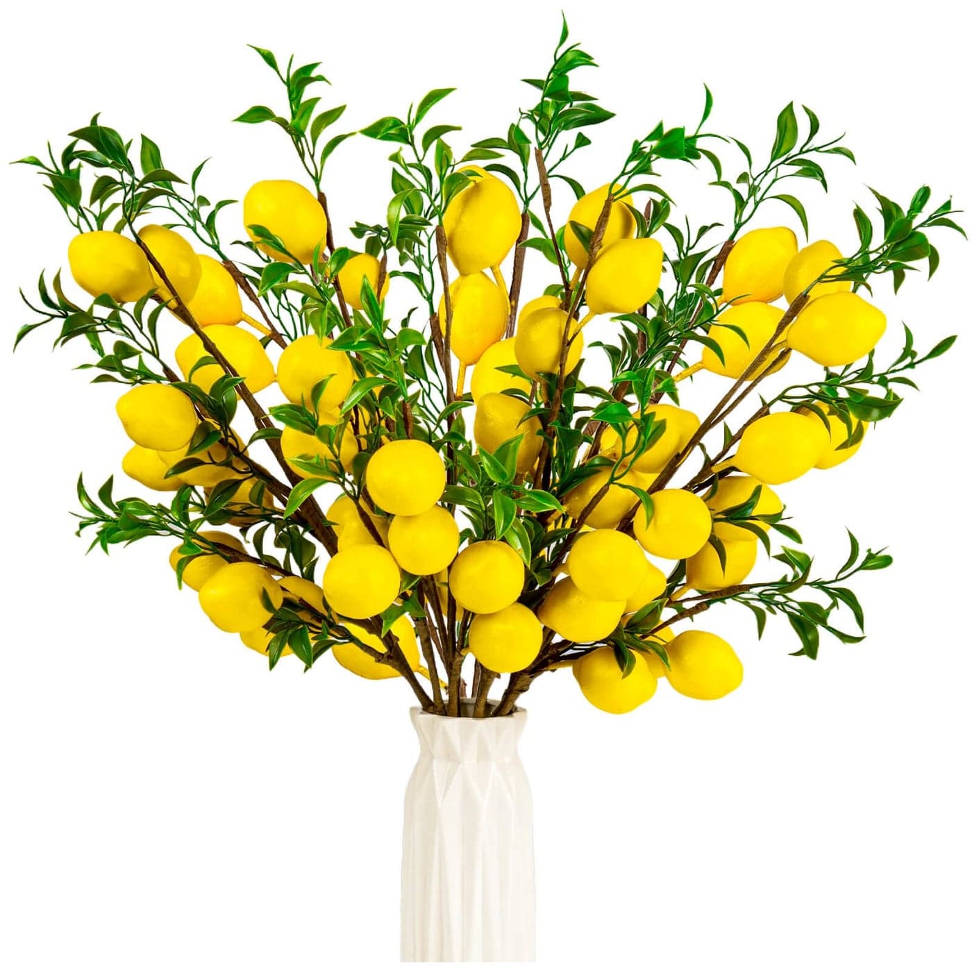 TORINALITAL 4Pcs Artificial Lemons Branch 19 Inch Vivid Yellow Fake Lemons Branch with Green Leaf and Adjustable Branch Lemon Decor for Home Kitchen Graden Office Desk Party Summer Decorations