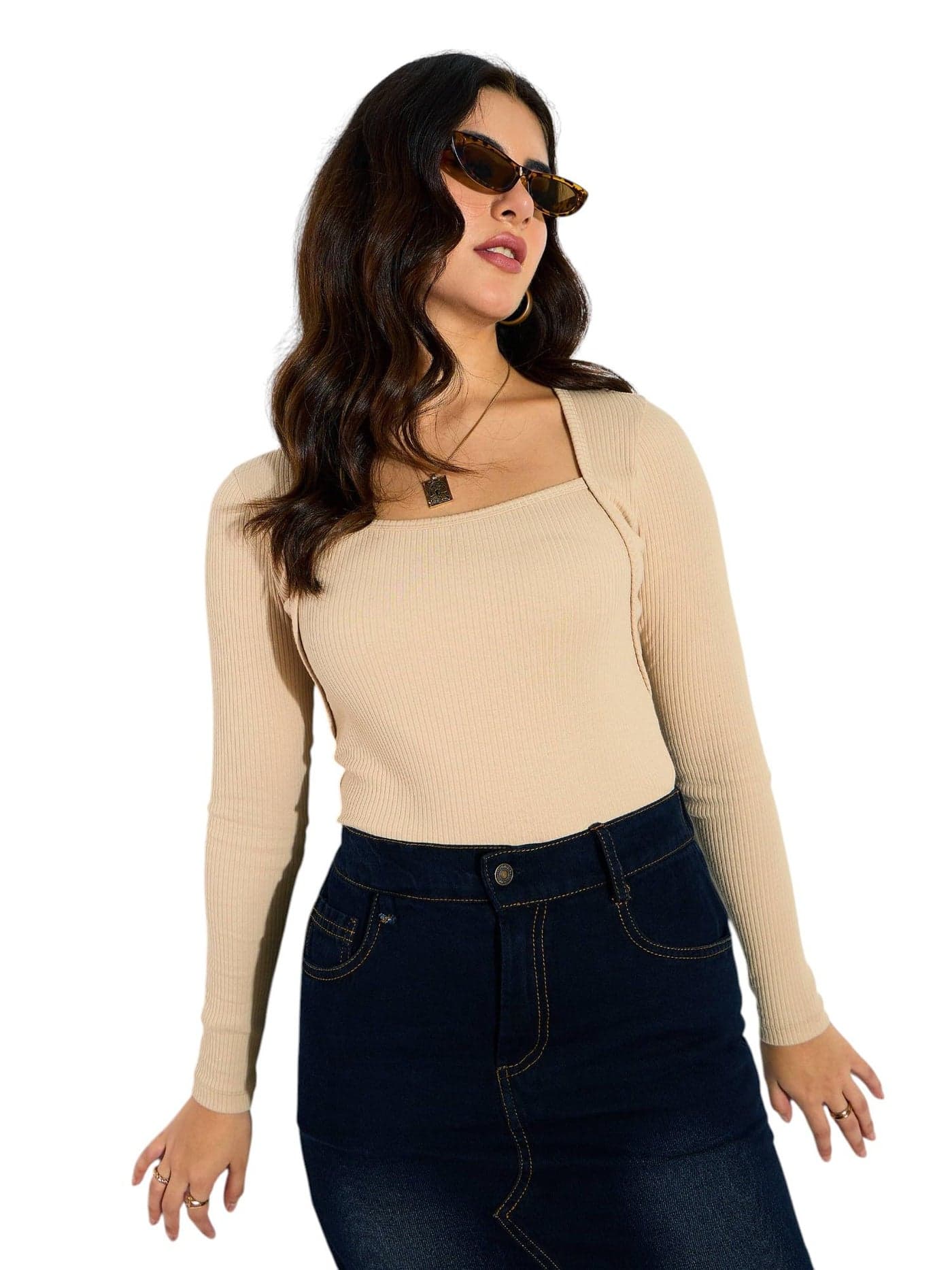 Sassafras Women's Beige Rib Square Neck Full Sleeves Top-M
