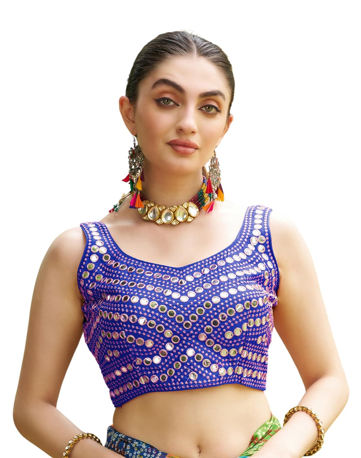 Pujia Mills Women's Embroidery Work Real Mirror Sleeveless Readymade Blouse Royal Blue Color (V-Mirror_Royal Blue_36)