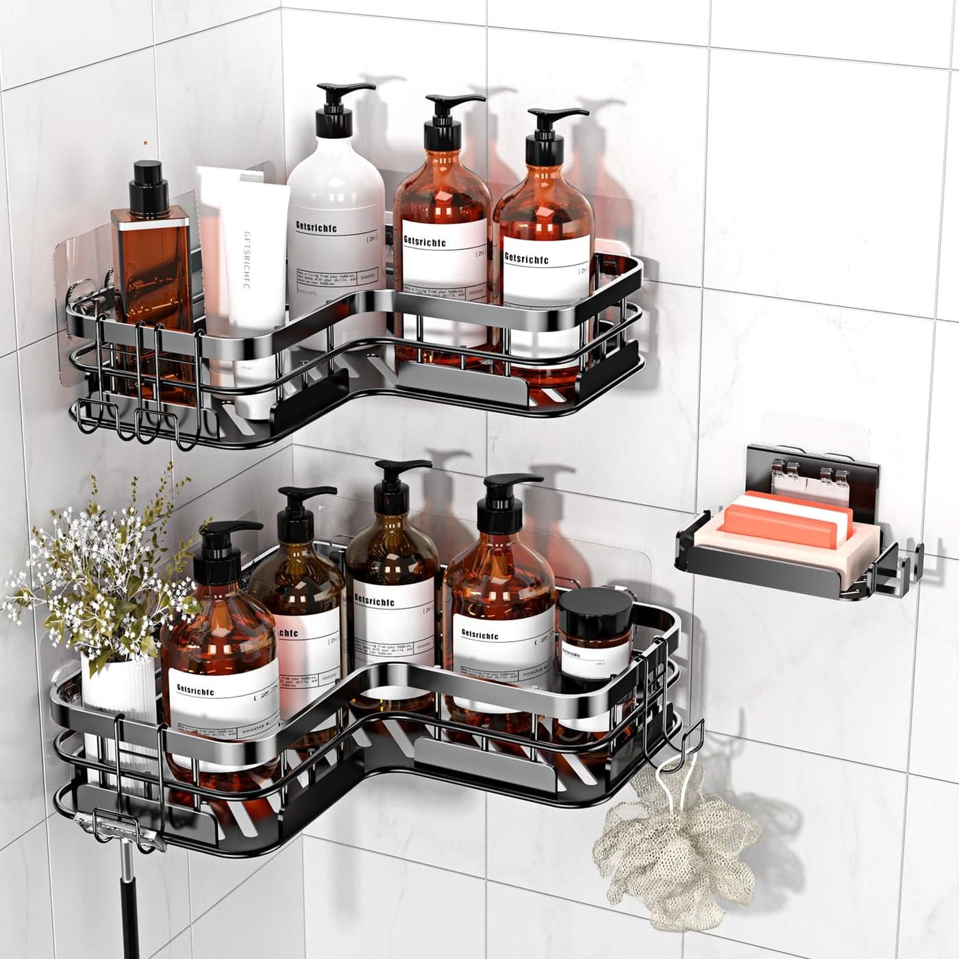Getsrichfc Large Capacity Shower Caddy HeavyDuty Adhesive Shower Organizers with Custom Aesthetic Design Soap No Drilling Corner Shower Shelves 5 Hooks for Bathroom Accessories 3 Pack