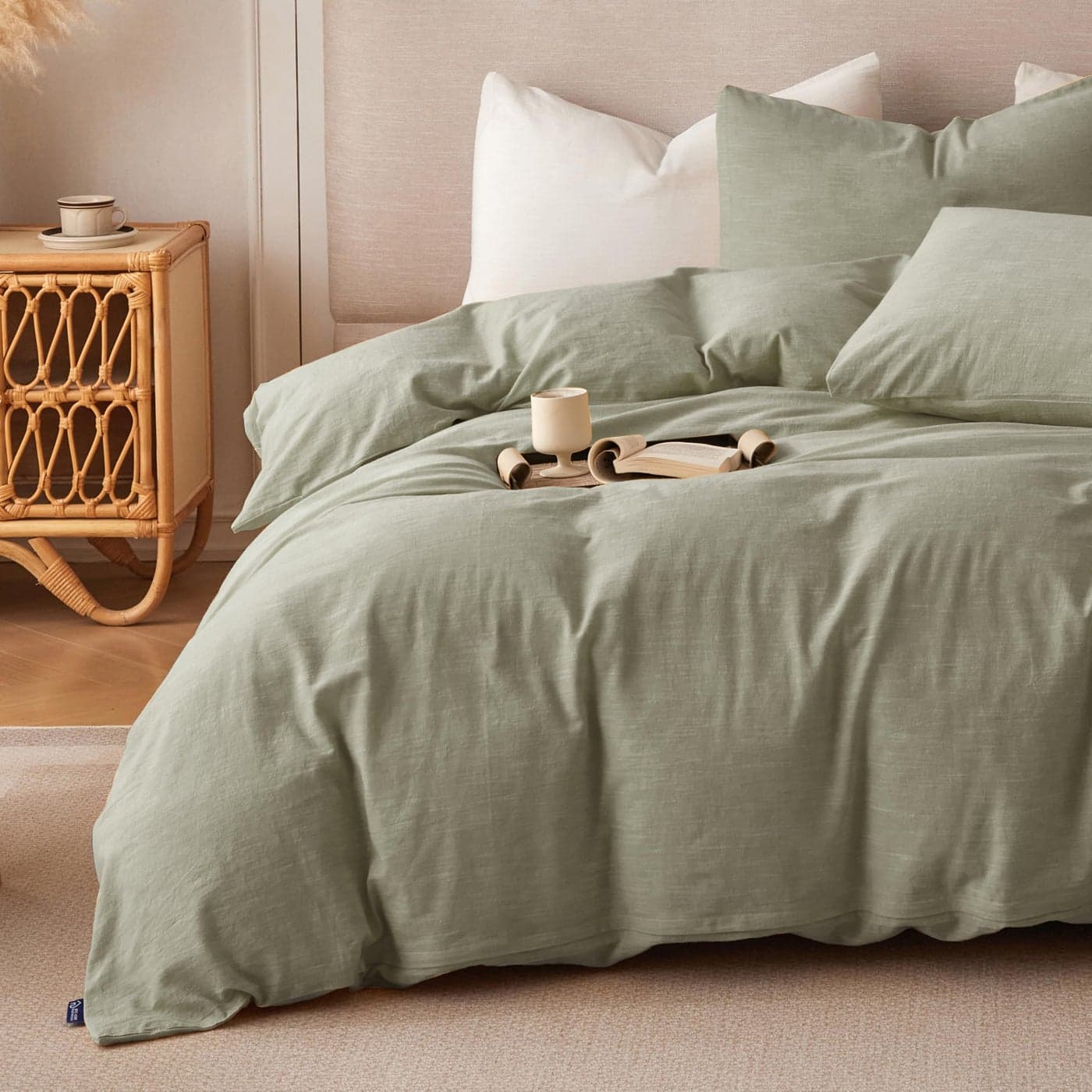 BFS HOME Linen Duvet Cover California King Soft Breathable Cotton Linen Blend 3Pieces Bedding Set with 2 Pillowcases Stonewashed Texture Green AllSeason Comfort