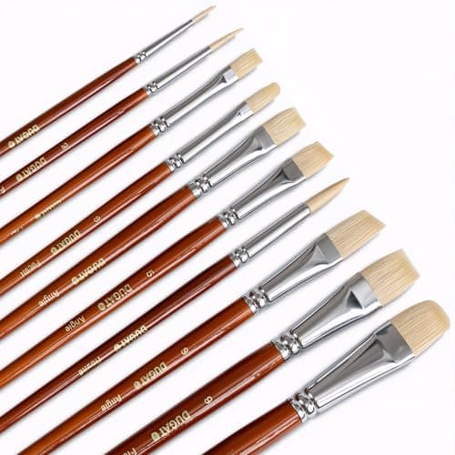 10pcs Short Handle White Hog Hair Artist Paint Brush Set by DUGATO Perfect for Acrylic Oil Gouache Watercolor, Painting Brushes Kit for Kids, Adults Fabulous for Canvas & Fabric