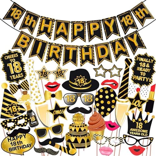 WOBBOX 18th Birthday Photo Booth Party Props Black & Golden with 18th Birthday Bunting Banner, Birthday Party Decoration, Birthday Party Item, Birthday Party Props, (Model: WOBOX1809)