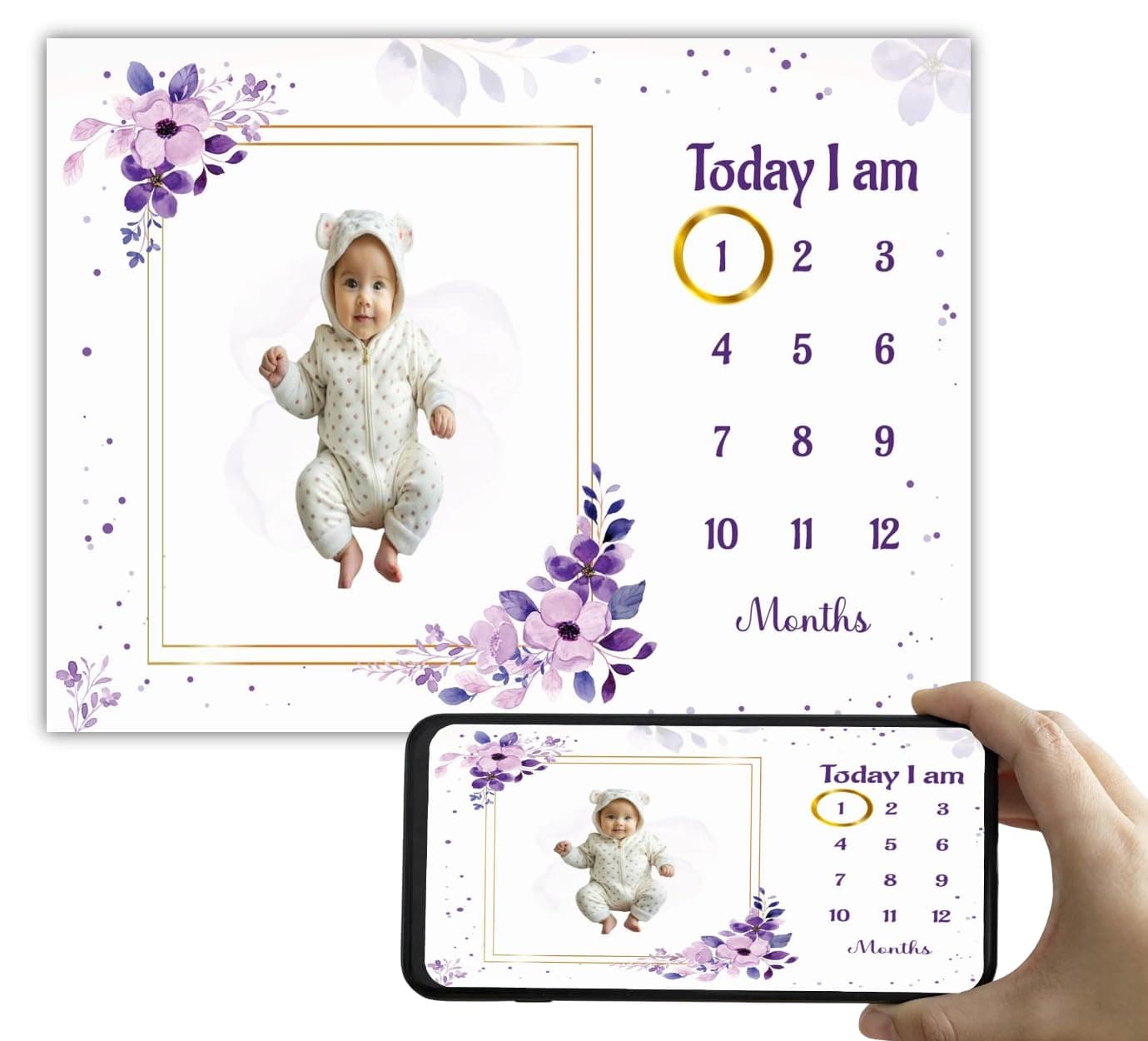 Hoolloomooloo Baby Monthly Milestone Blanket 112 Months Soft AllSeason AC Blanket Ideal for Newborn Boys Girls Perfect Growth Tracker Photoshoot Prop with Purple Floral 120x90 cm