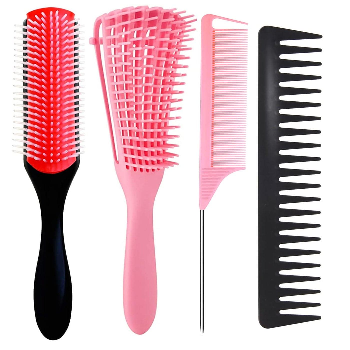 Detangling Brush Set with 9 Row Styling Brush Rat Tail Comb Wide Tooth Comb for Separating Shaping and Defining WetDry LongThick Curly and Natural 3a4c Hair Pink