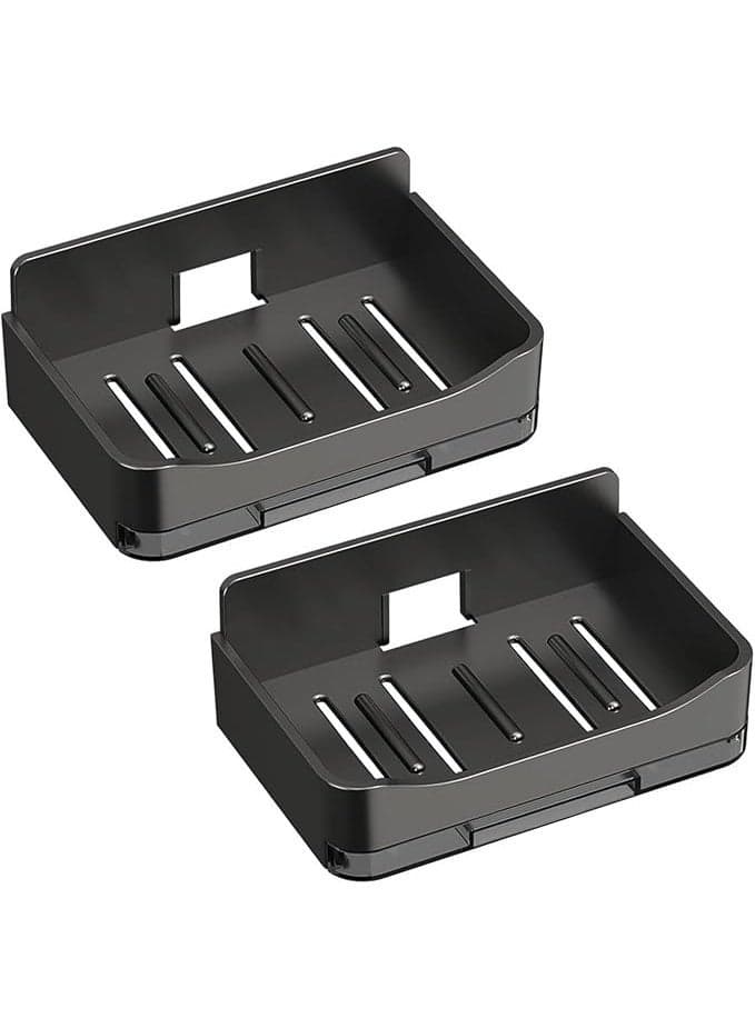 2 Pack Wall Mounted Soap Holder, Bathroom Bar Soap Dish with Drain Tray, Self-Draining Adhesive Soap Box for Shower, Bathroom, and Kitchen Counter (Black)