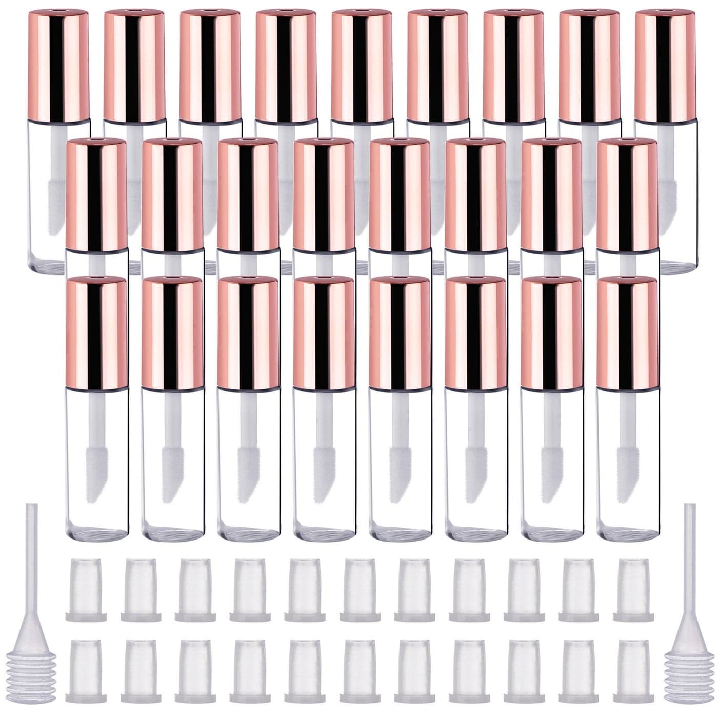 25 Pack Empty Lip Gloss Tubes Containers, Clear Mini Refillable Lip Balm Bottles with Rubber Inserts and Transfer Pipettes for Lip Samples Travel Split Charging DIY Makeup (1.2 ML, Rose Gold)