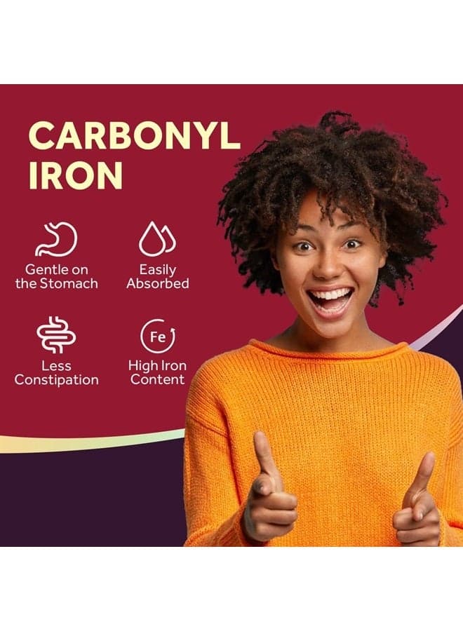 Iron 65 mg Carbonyl Iron with Vitamin C, Maximized Absorption Easy on The Stomach, Red Cells Formation, Blood, Heart, Brain, Muscle & Immunity Health, Vegan Non-GMO 60 Tablets