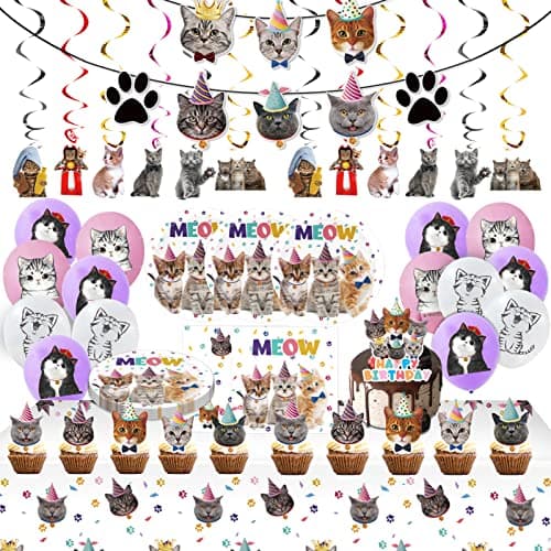 Juhap 96Pcs Cat Party Supplies Kitten Decorations Includes Plates Napkins Table Covers Cake Toppers Balloons Cat Banners Swirls for Meow Kitty Theme Party Supplies
