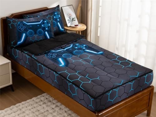 NTBED Gamer Printed Zipper Bedding Sets Twin for Kids Boys Lightweight Microfiber Geometric Comforter Set with Fitted Sheet Pillow CoversBlue