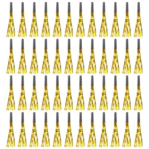 Gold New Years Noise Makers 48 PCS Glitter NYE Party Blowers Blowouts New Years Eve Games Favors Supplies Birthday Pep Rally for Adult Prank Graduation Sporting Events Horns Noisemakers Accessories