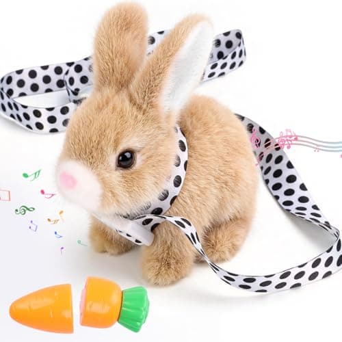 Sprstar Easter Bunny ToyBunny My Realistic Bunny ToyHopping Rabbit Plush Bunny Toywith Sounds and Movements Animated Walking Wiggle Ears Twitch Nose Gift for Toddlers BirthdayBrown Rabbit Leash