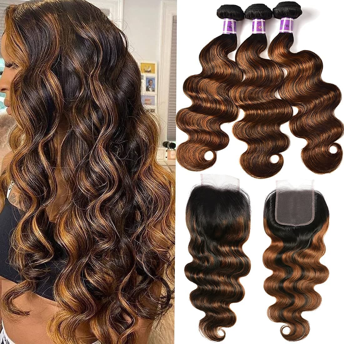 UNICE Brown Highlight Body Wave Human Hair 3 Bundles with 4x4 lace closure Brazilian Remy Hair Ombre Human Hair Wavy Weaves FB30 Color 18 20 2216 Closure