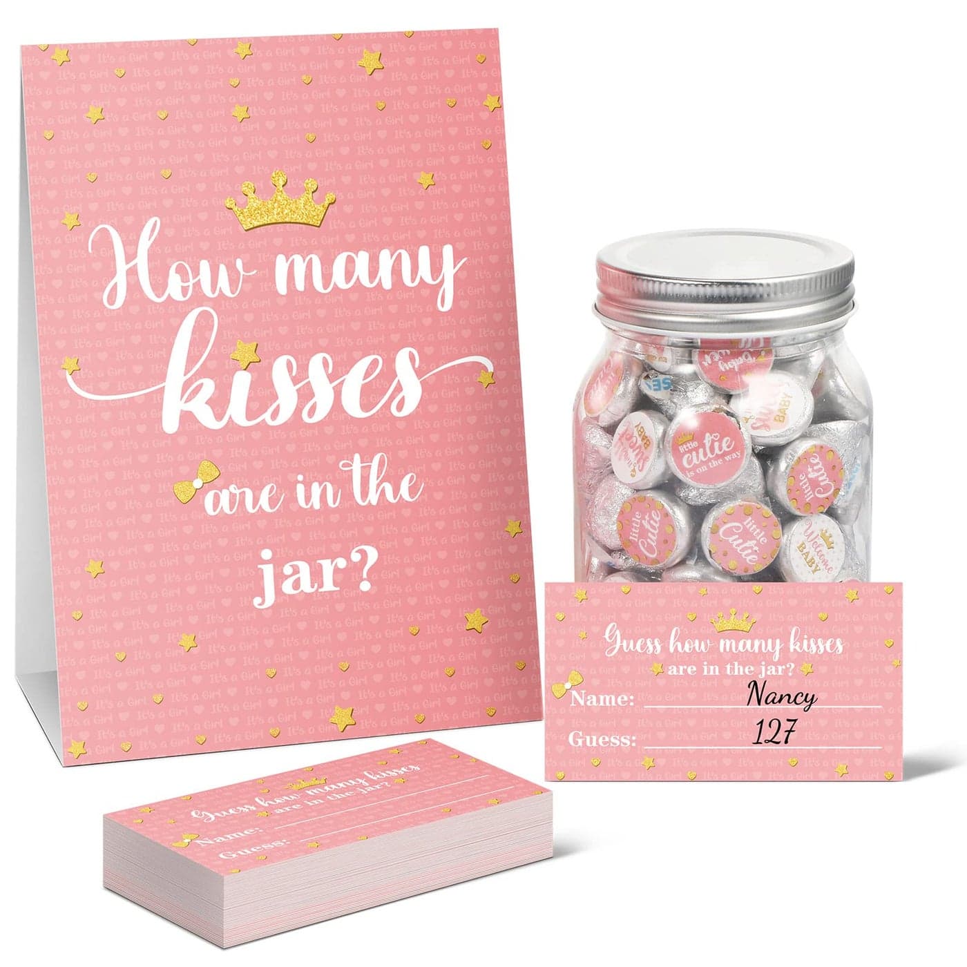 Containlol 555 Pcs How Many Kisses Baby Shower Games Pink and Gold Standing Sign Guessing Cards Kisses Stickers for Kids Girl Birthday Baby Shower Sprinkle Party Decoration No Candy and Jar