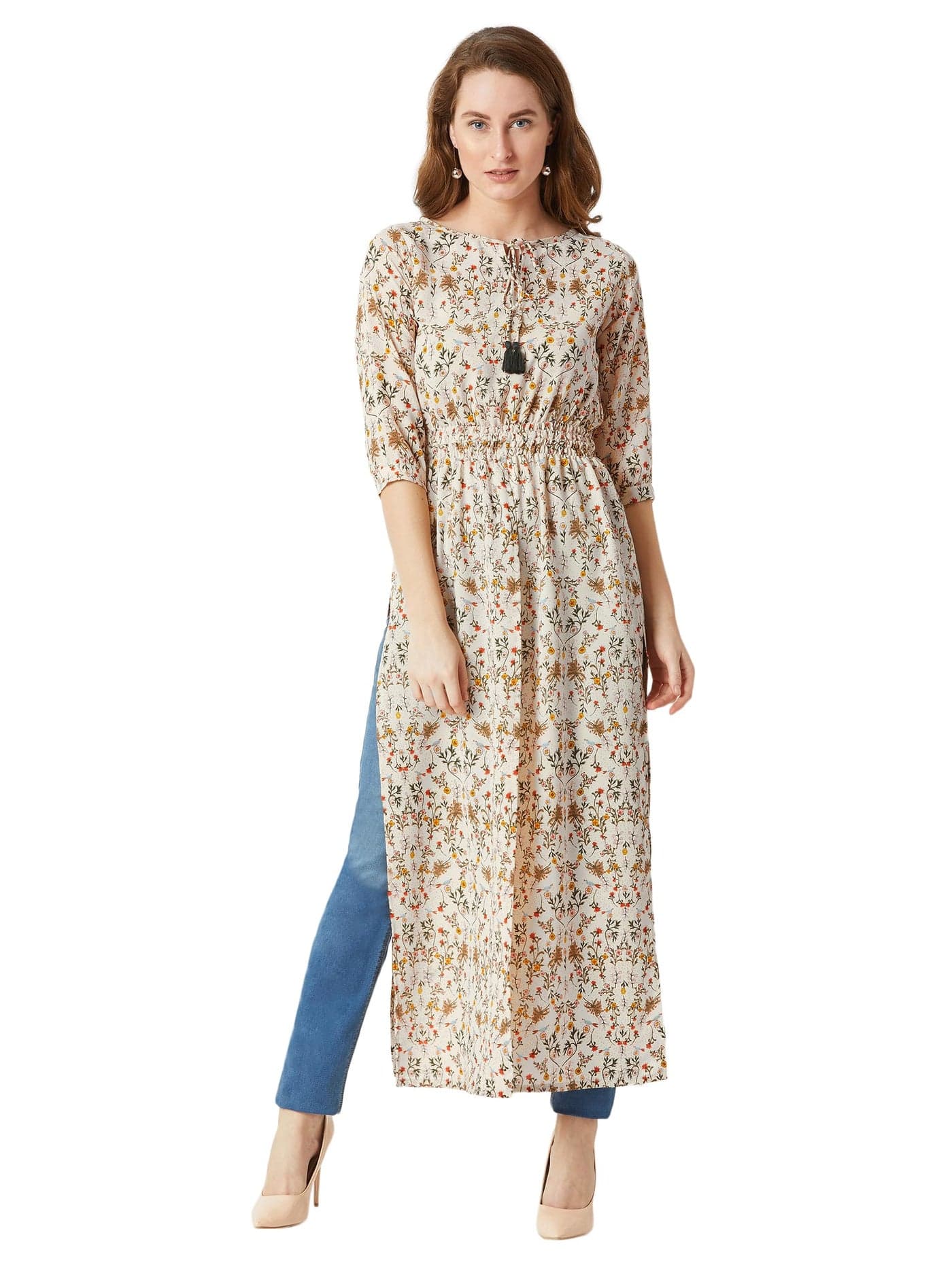Miss Chase Women's Round Neck 3/4 Sleeve Floral Tie Up Tassel Detailing Front Slit Maxi Top (MCAW24TP98-01-192-07, Multicolor-Base Peach, 2XL)