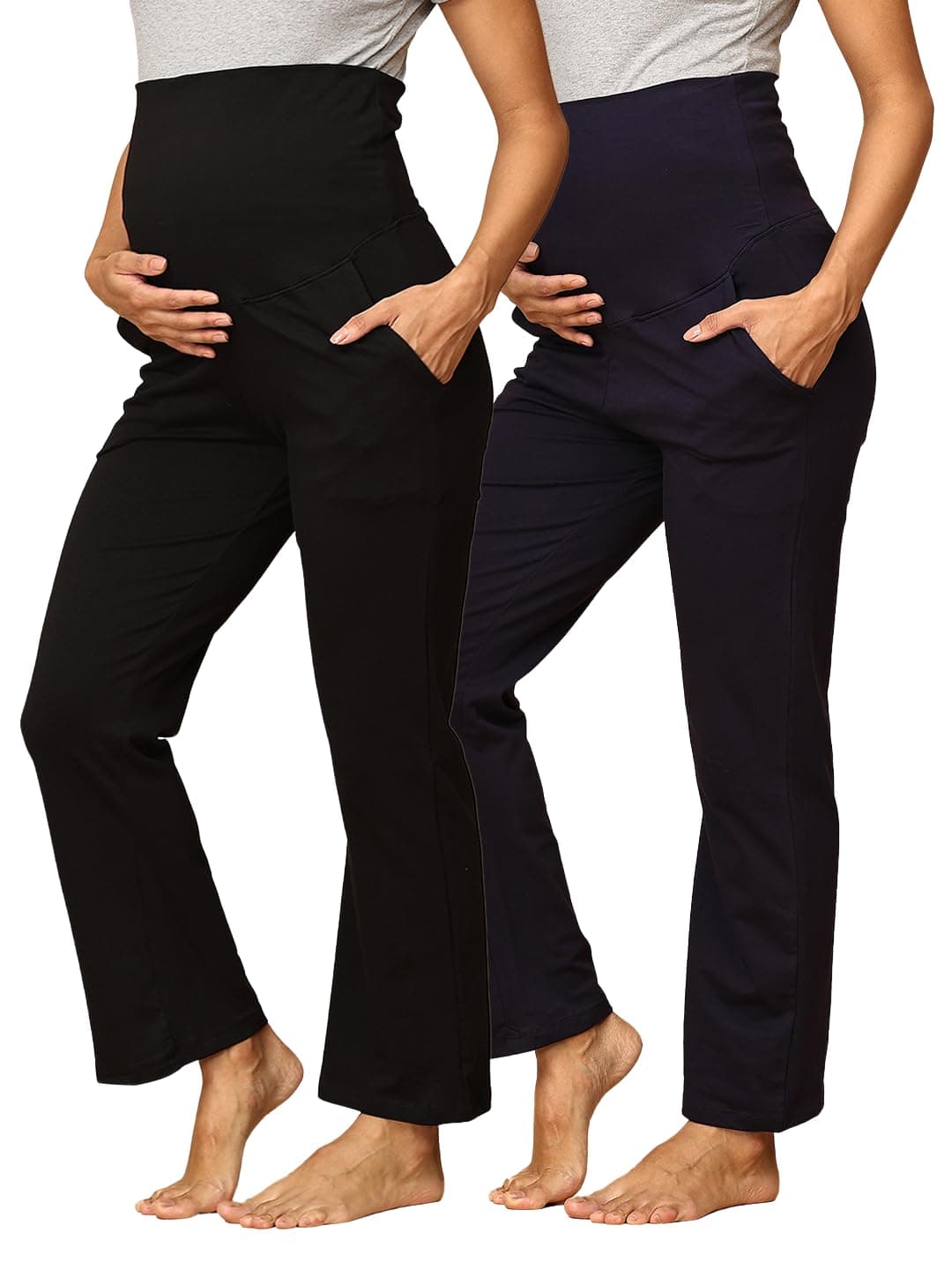 The Mom Store Maternity Track Pants for Pregnant Women with Ultimate Comfort | Prenatal Yoga Pants Maternity Trousers for Pregnancy (Black & Navy Blue, XL)