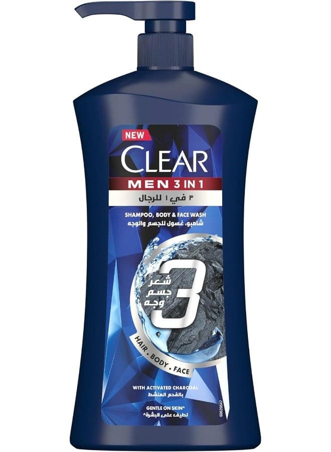 CLEAR MEN Complete Care 3in1 Shampoo, Body & Face Wash with Activated Charcoal, 900ml