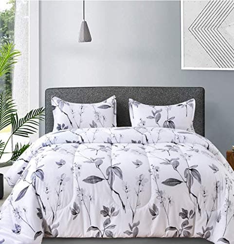 Nanko Queen Comforter Set 3pc White and Grey Floral Leaf Print Reversible Down Alternative Microfiber Bedding All Season Duvet and 2 Pillowshams Bed Sets for Women Size 88x90 Farmhouse Gray Flower
