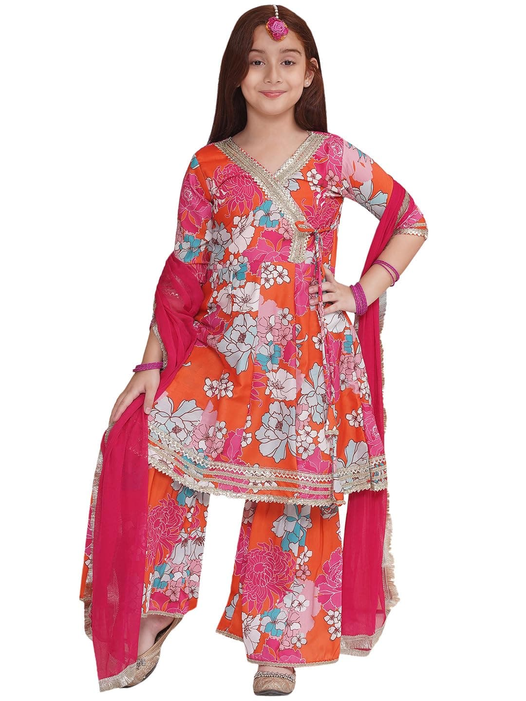Preneum Girls's Cotton Rayon Printed Angrakha Kurta with Sharara & Dupatta, Orange, 5-6 Years